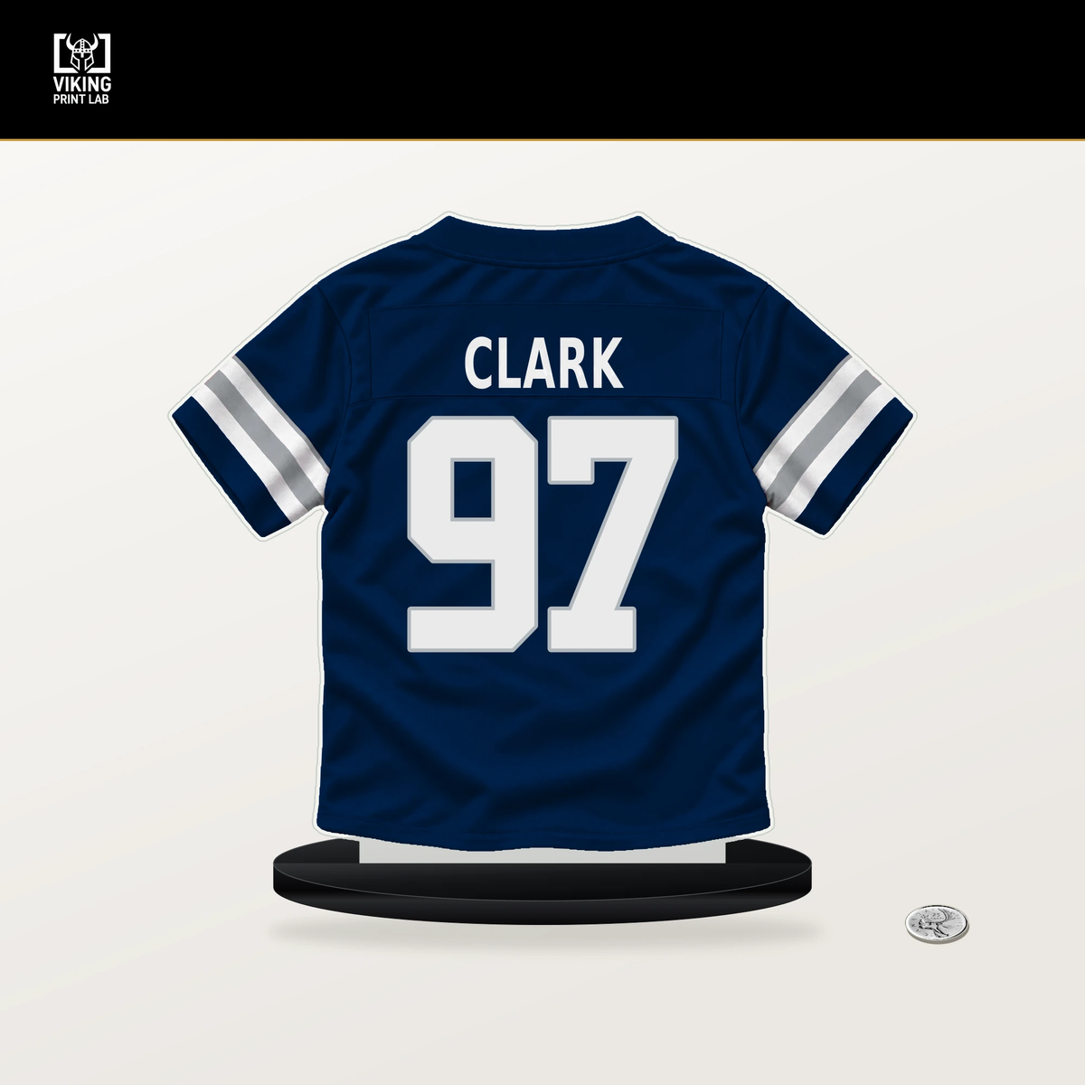 Kenny Clark number 97 Dallas Cowboys jersey stand with included black base.