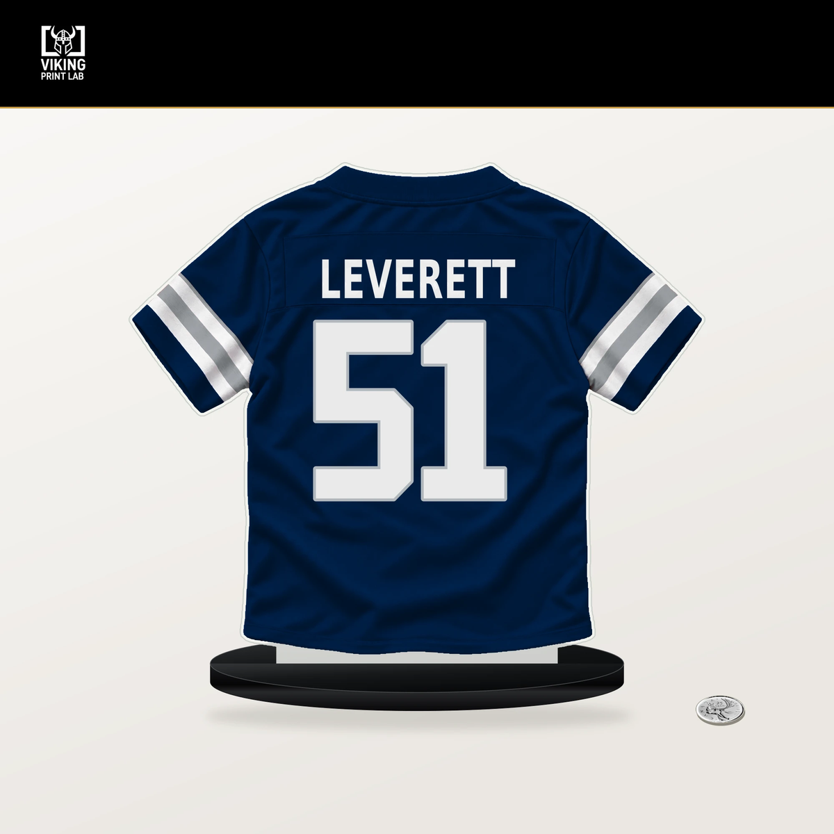 Nick Leverett number 51 Dallas Cowboys jersey stand with included black base.