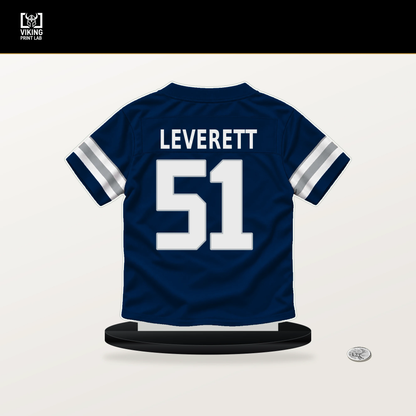 Nick Leverett number 51 Dallas Cowboys jersey stand with included black base.