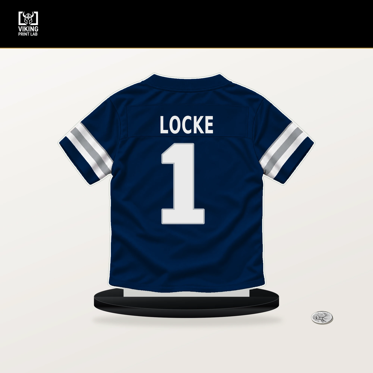 P.J. Locke number 1 Dallas Cowboys jersey stand with included black base.