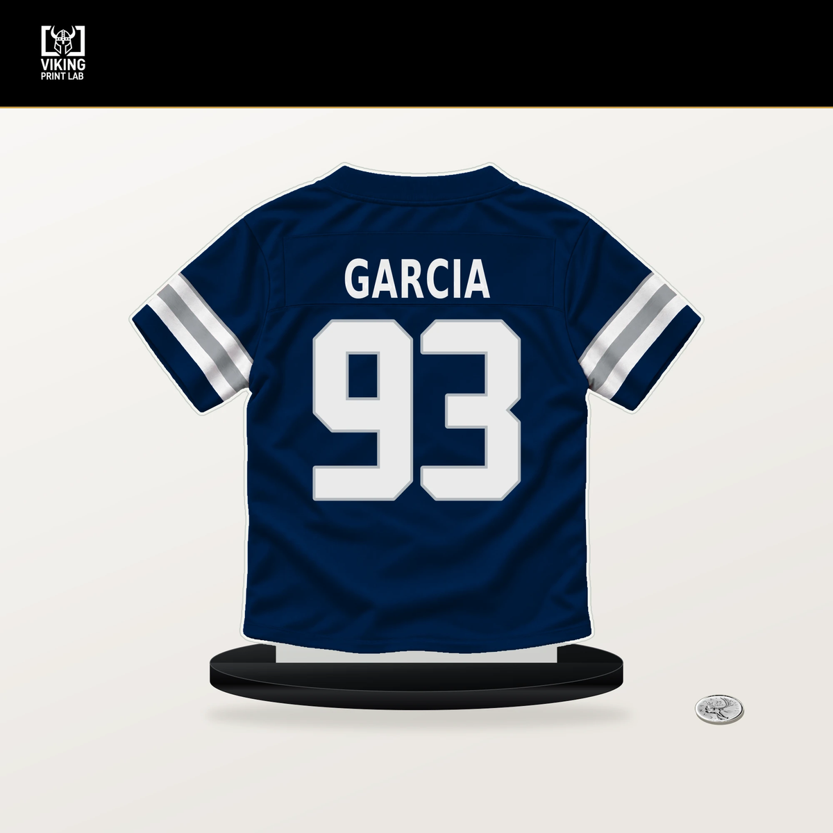 Elijah Garcia number 93 Dallas Cowboys jersey stand with included black base.