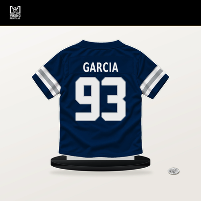 Elijah Garcia number 93 Dallas Cowboys jersey stand with included black base.