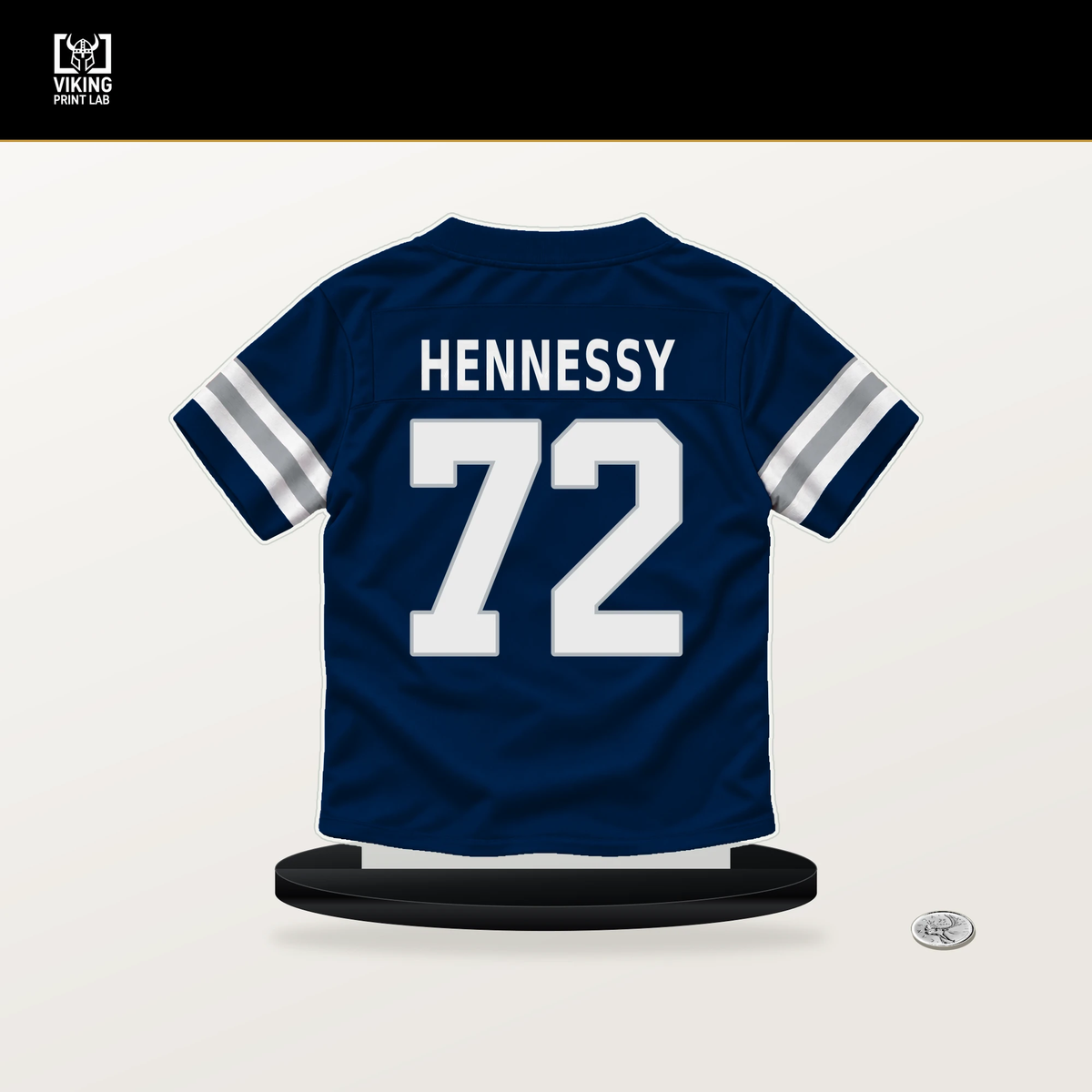 Matt Hennessy number 72 Dallas Cowboys jersey stand with included black base.