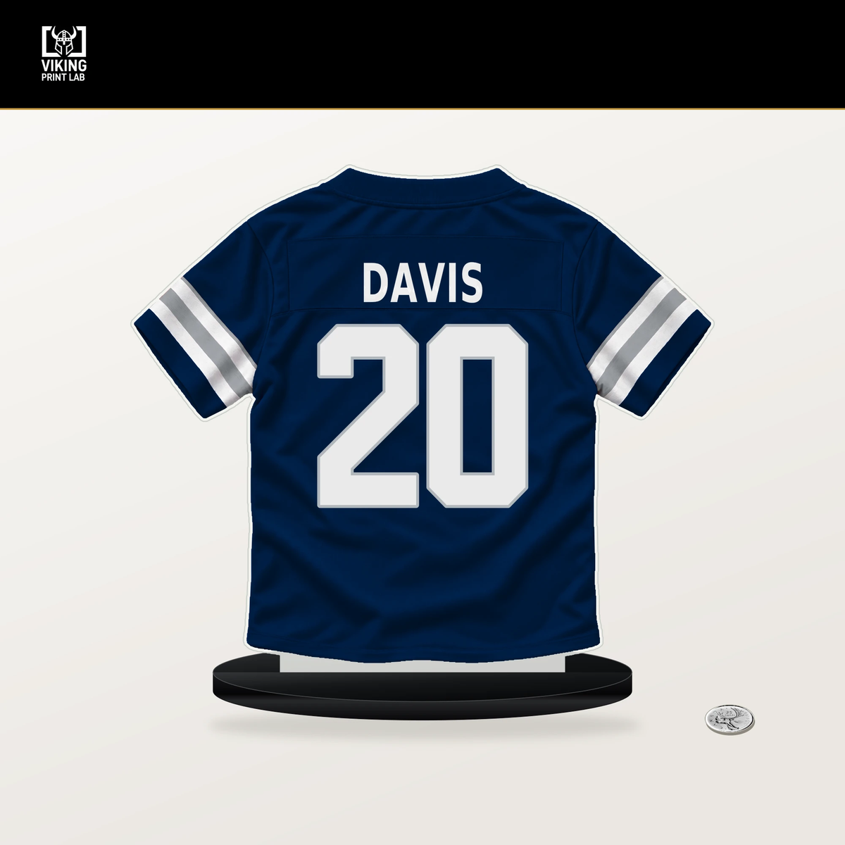 Malik Davis number 20 Dallas Cowboys jersey stand with included black base.