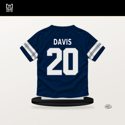 Malik Davis number 20 Dallas Cowboys jersey stand with included black base.