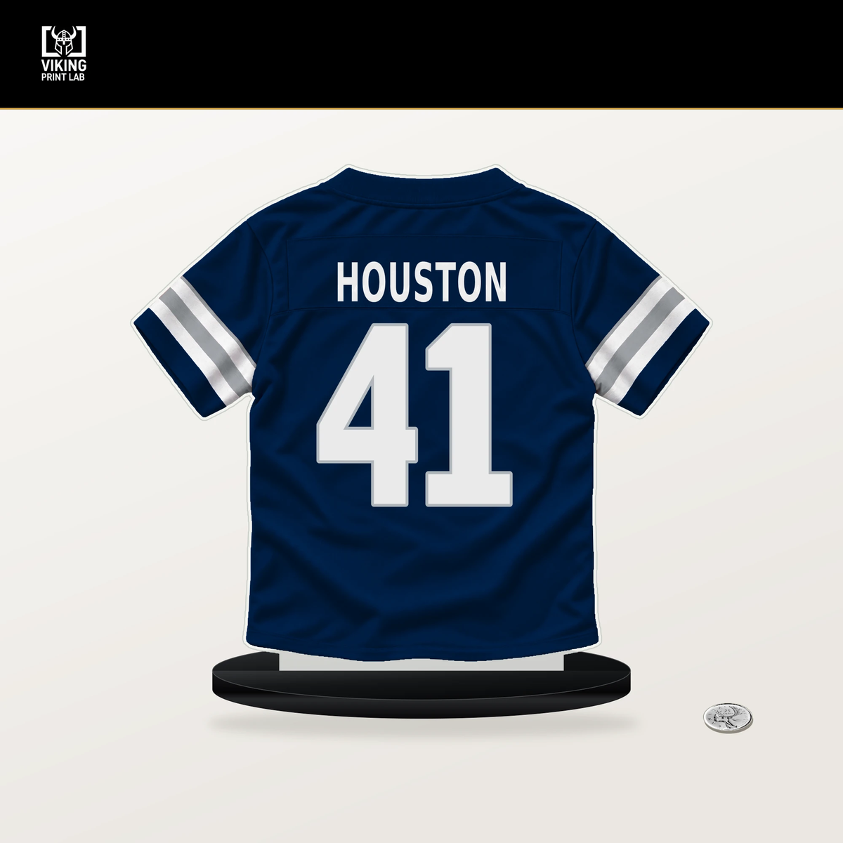 James Houston number 41 Dallas Cowboys jersey stand with included black base.