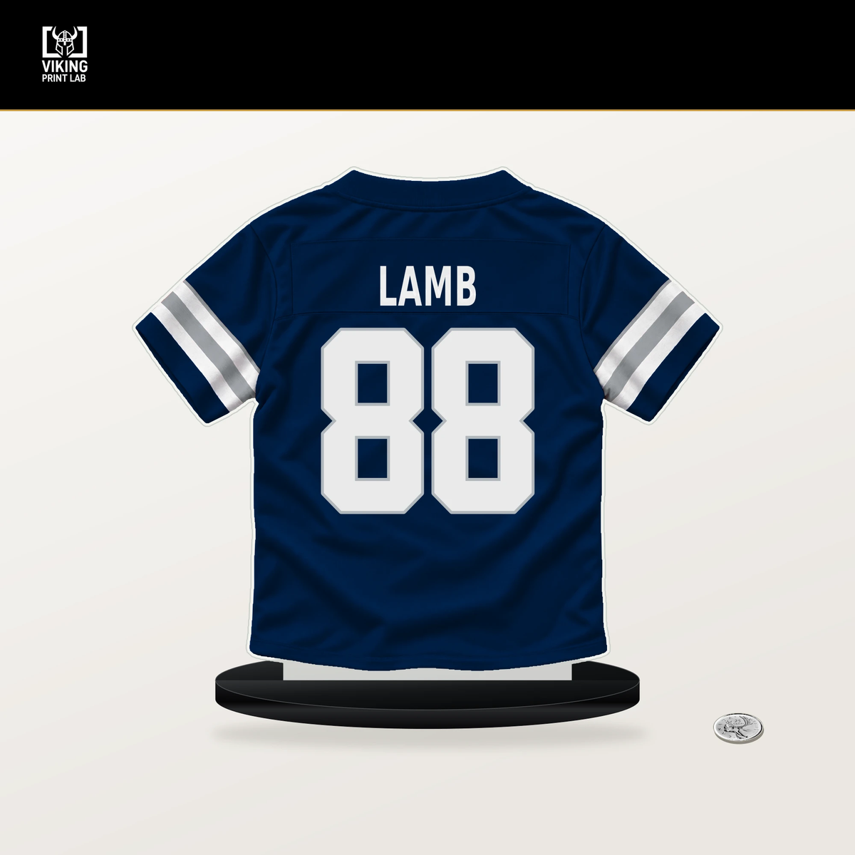 CeeDee Lamb number 88 Dallas Cowboys jersey stand with included black base.