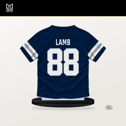 CeeDee Lamb number 88 Dallas Cowboys jersey stand with included black base.