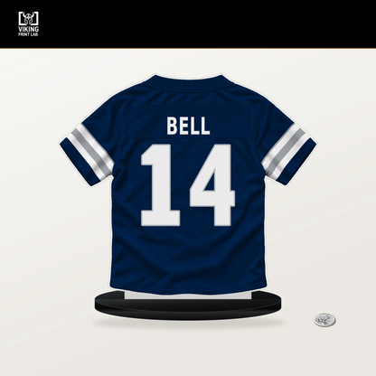 Markquese Bell number 14 Dallas Cowboys jersey stand with included black base.