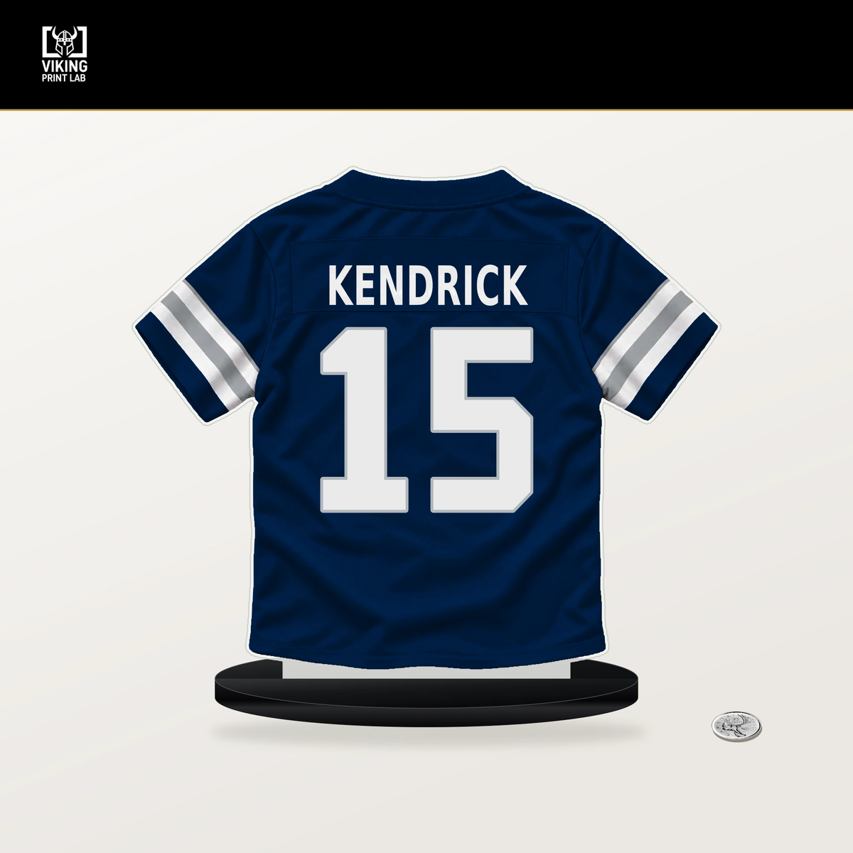 Derion Kendrick number 15 Dallas Cowboys jersey stand with included black base.