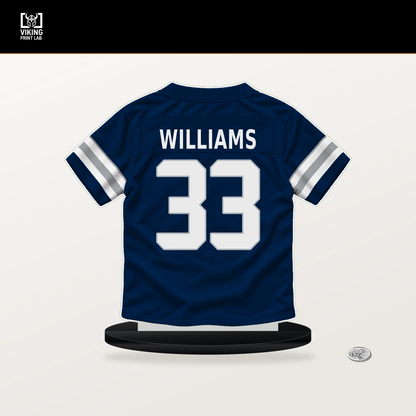 Javonte Williams number 33 Dallas Cowboys jersey stand with included black base.