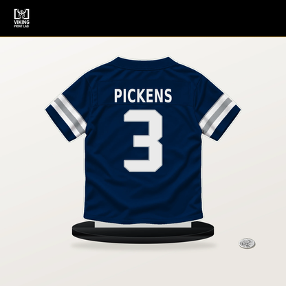 George Pickens number 3 Dallas Cowboys jersey stand with included black base.
