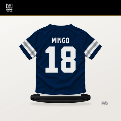 Jonathan Mingo number 18 Dallas Cowboys jersey stand with included black base.