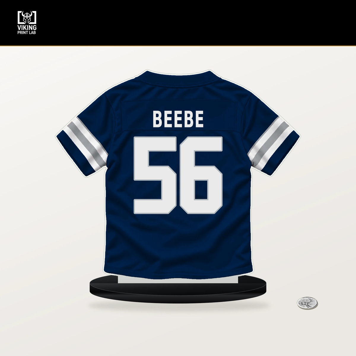 Cooper Beebe number 56 Dallas Cowboys jersey stand with included black base.