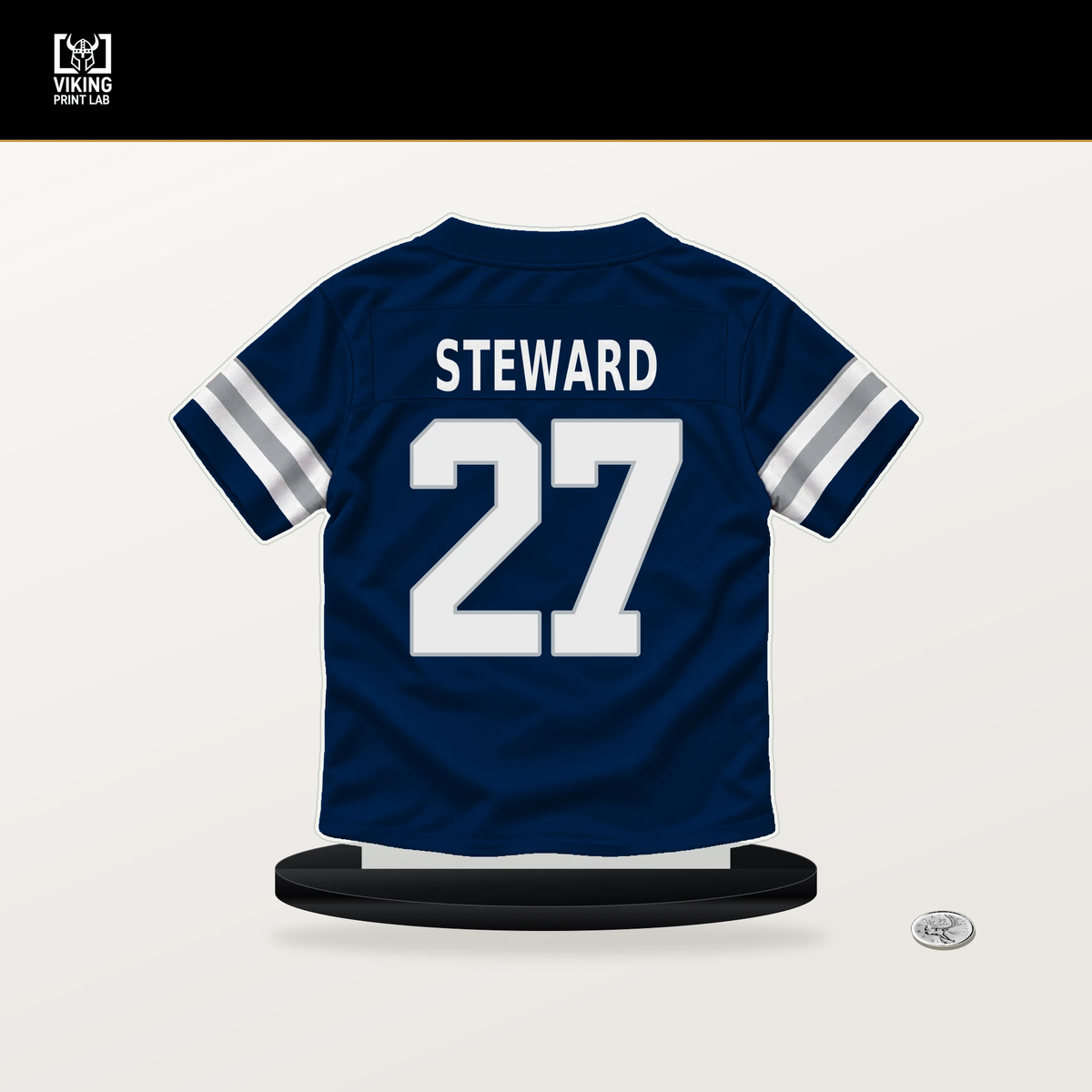 Reddy Steward number 27 Dallas Cowboys jersey stand with included black base.