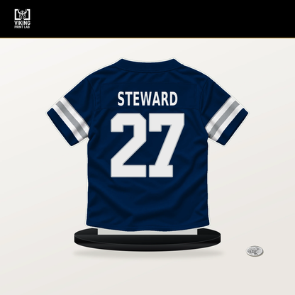 Reddy Steward number 27 Dallas Cowboys jersey stand with included black base.