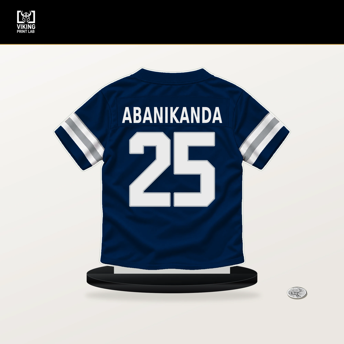 Israel Abanikanda number 25 Dallas Cowboys jersey stand with included black base.