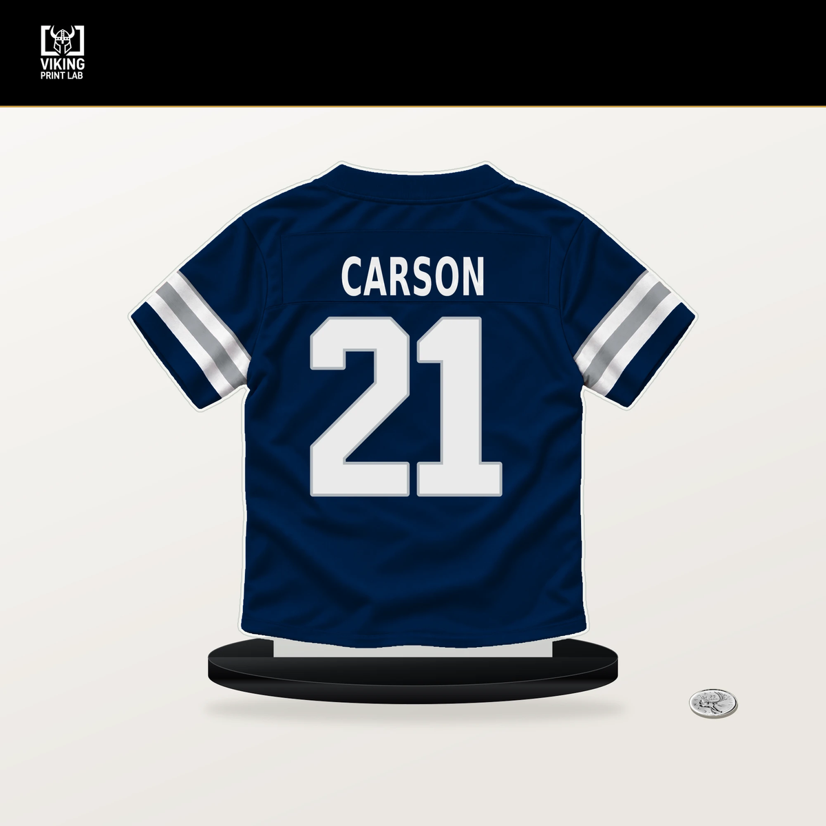 Caelen Carson number 21 Dallas Cowboys jersey stand with included black base.