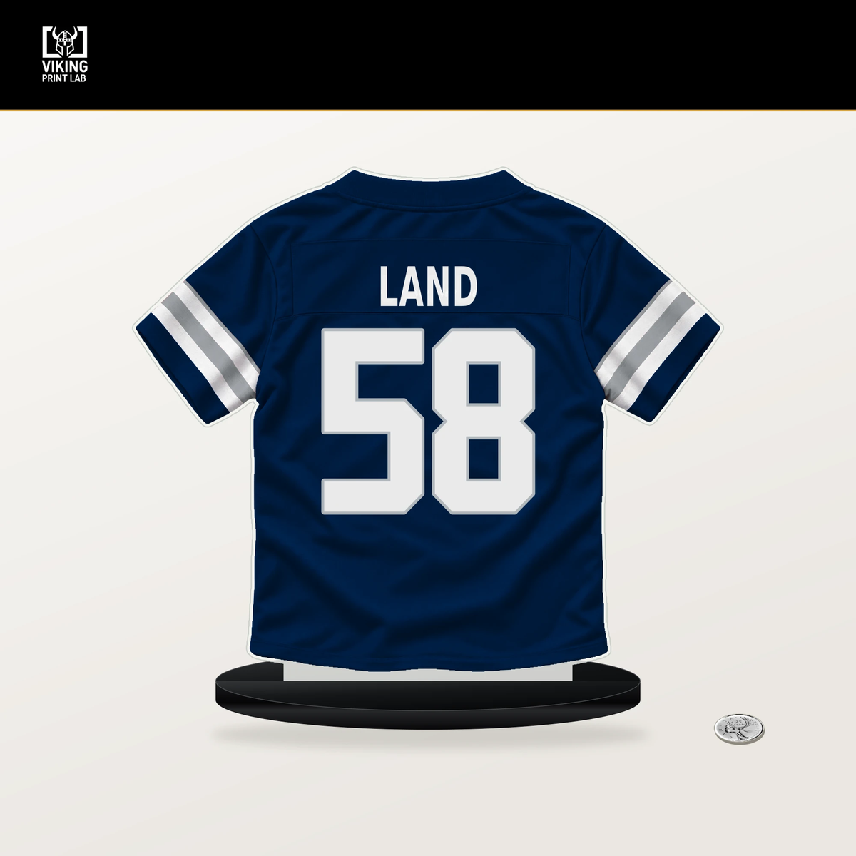 Isaiah Land number 58 Dallas Cowboys jersey stand with included black base.