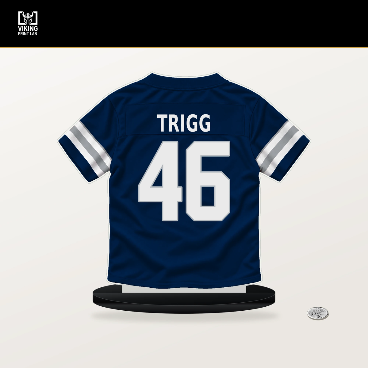 Michael Trigg number 46 Dallas Cowboys jersey stand with included black base.