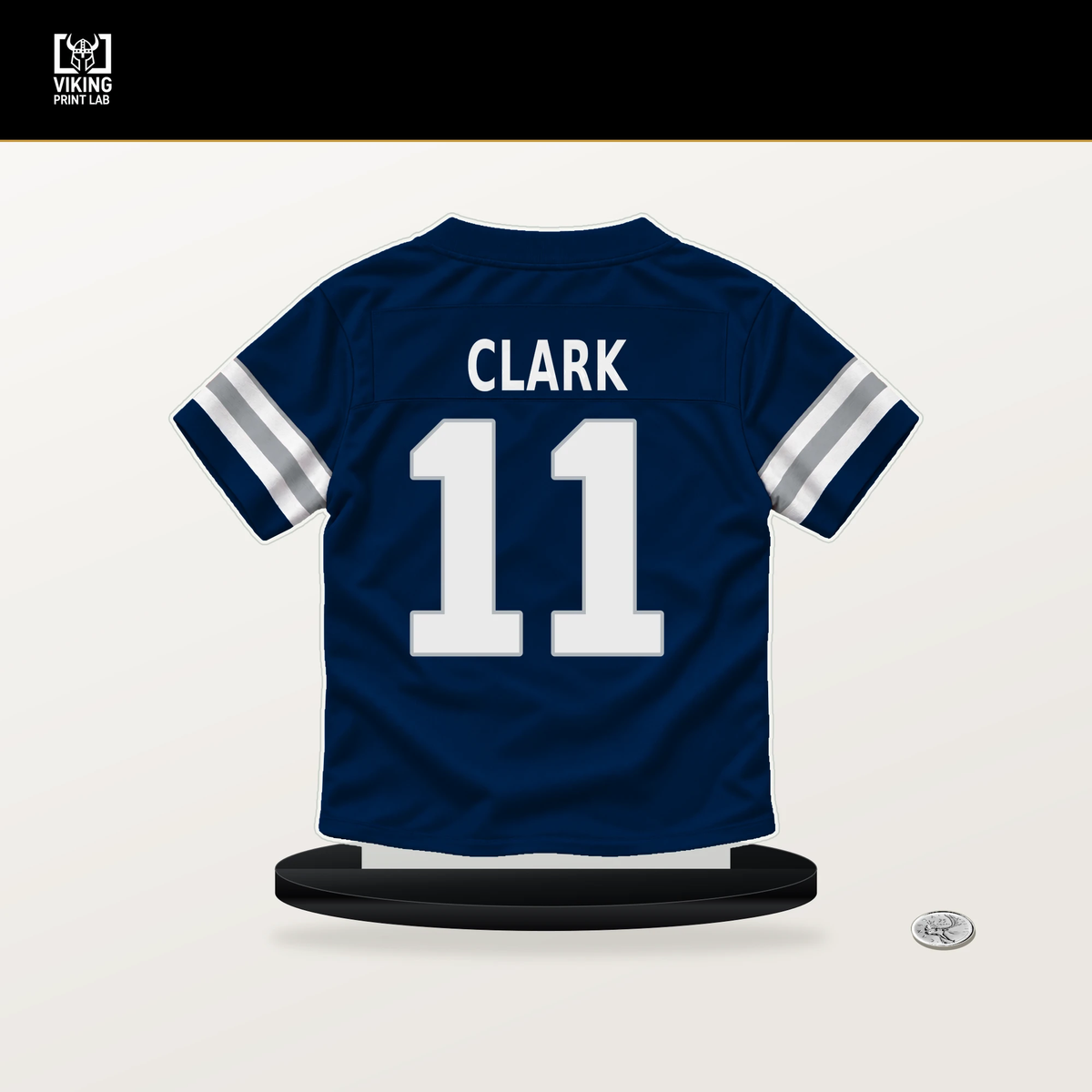 Alijah Clark number 11 Dallas Cowboys jersey stand with included black base.