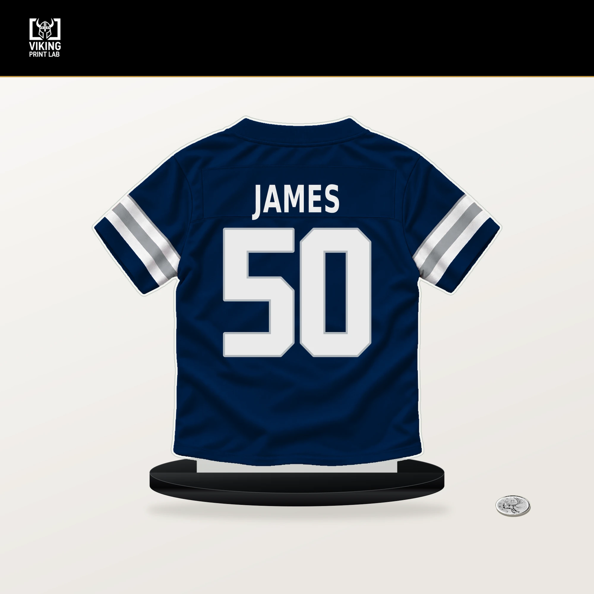 Shemar James number 50 Dallas Cowboys jersey stand with included black base.