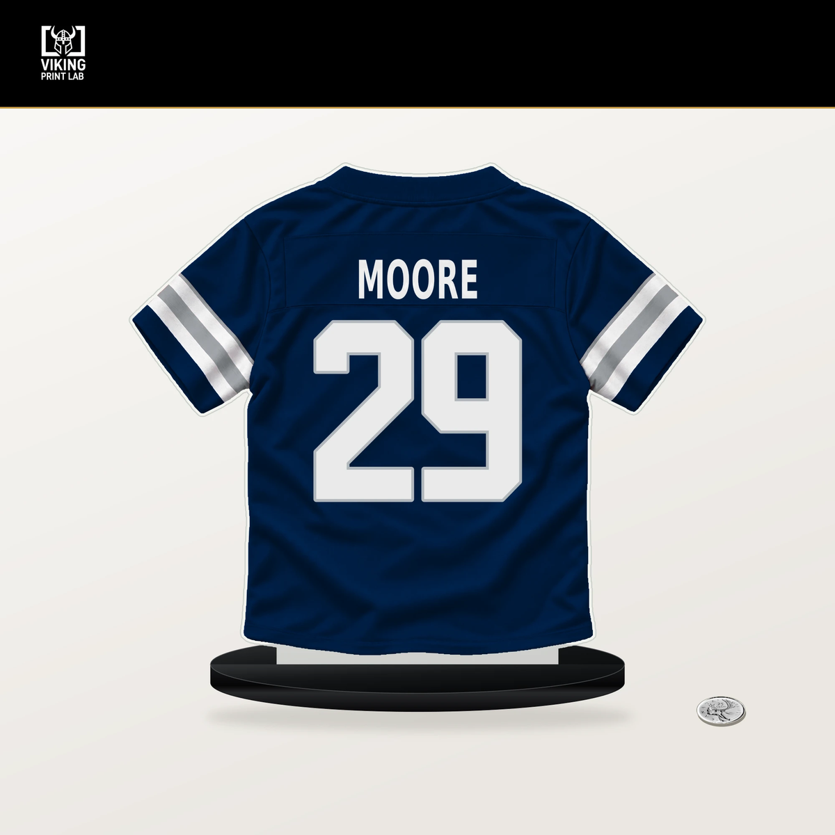 Devin Moore number 29 Dallas Cowboys jersey stand with included black base.