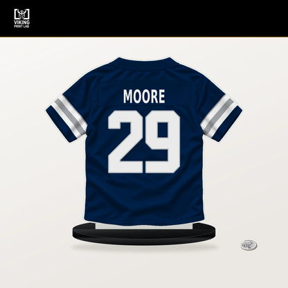 Devin Moore number 29 Dallas Cowboys jersey stand with included black base.