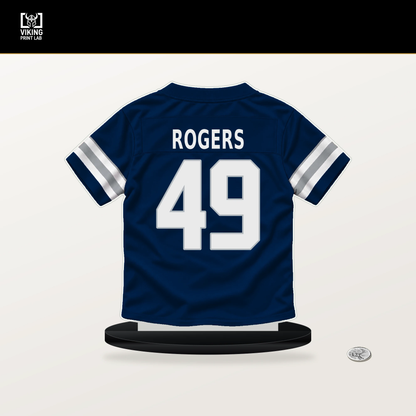 DJ Rogers number 49 Dallas Cowboys jersey stand with included black base.