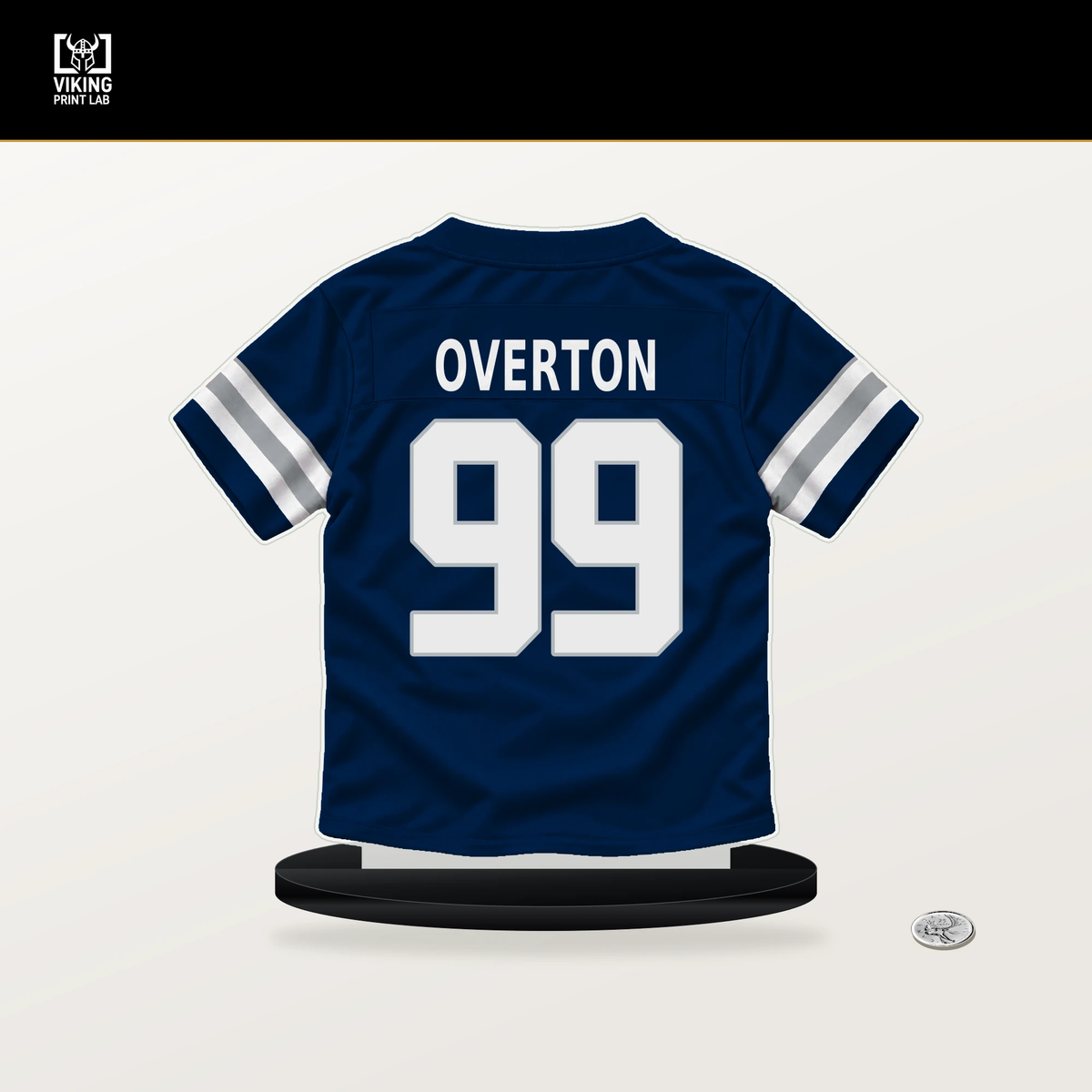 LT Overton number 99 Dallas Cowboys jersey stand with included black base.