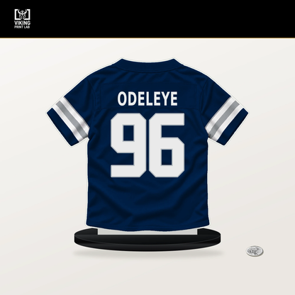 Adedayo Odeleye number 96 Dallas Cowboys jersey stand with included black base.