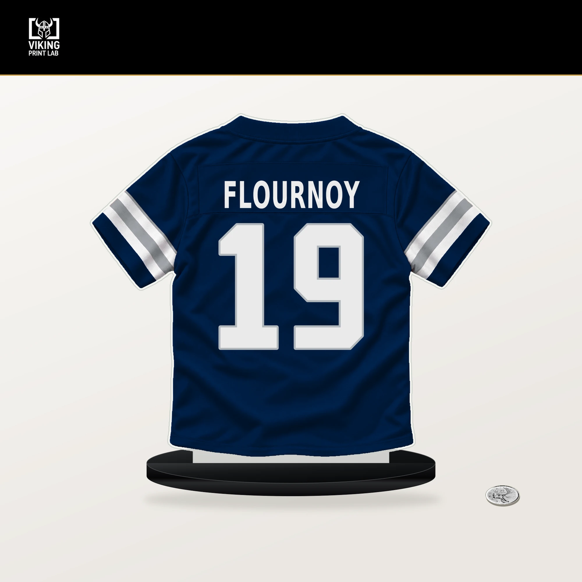 Ryan Flournoy number 19 Dallas Cowboys jersey stand with included black base.