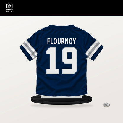 Ryan Flournoy number 19 Dallas Cowboys jersey stand with included black base.