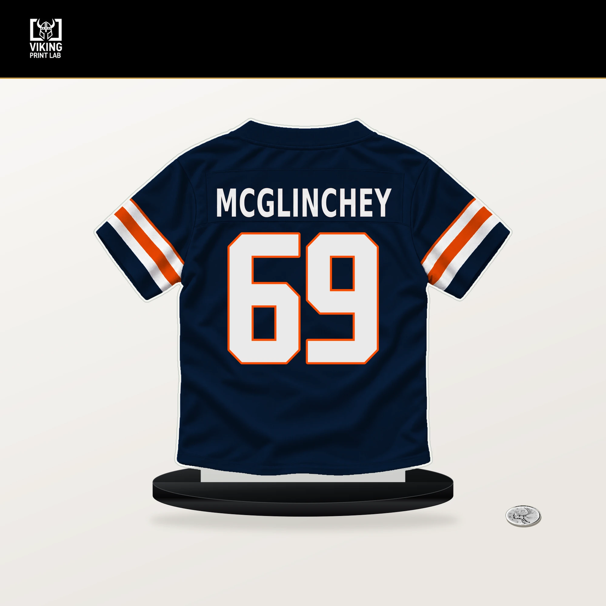 Mike McGlinchey number 69 Denver Broncos jersey stand with included black base.