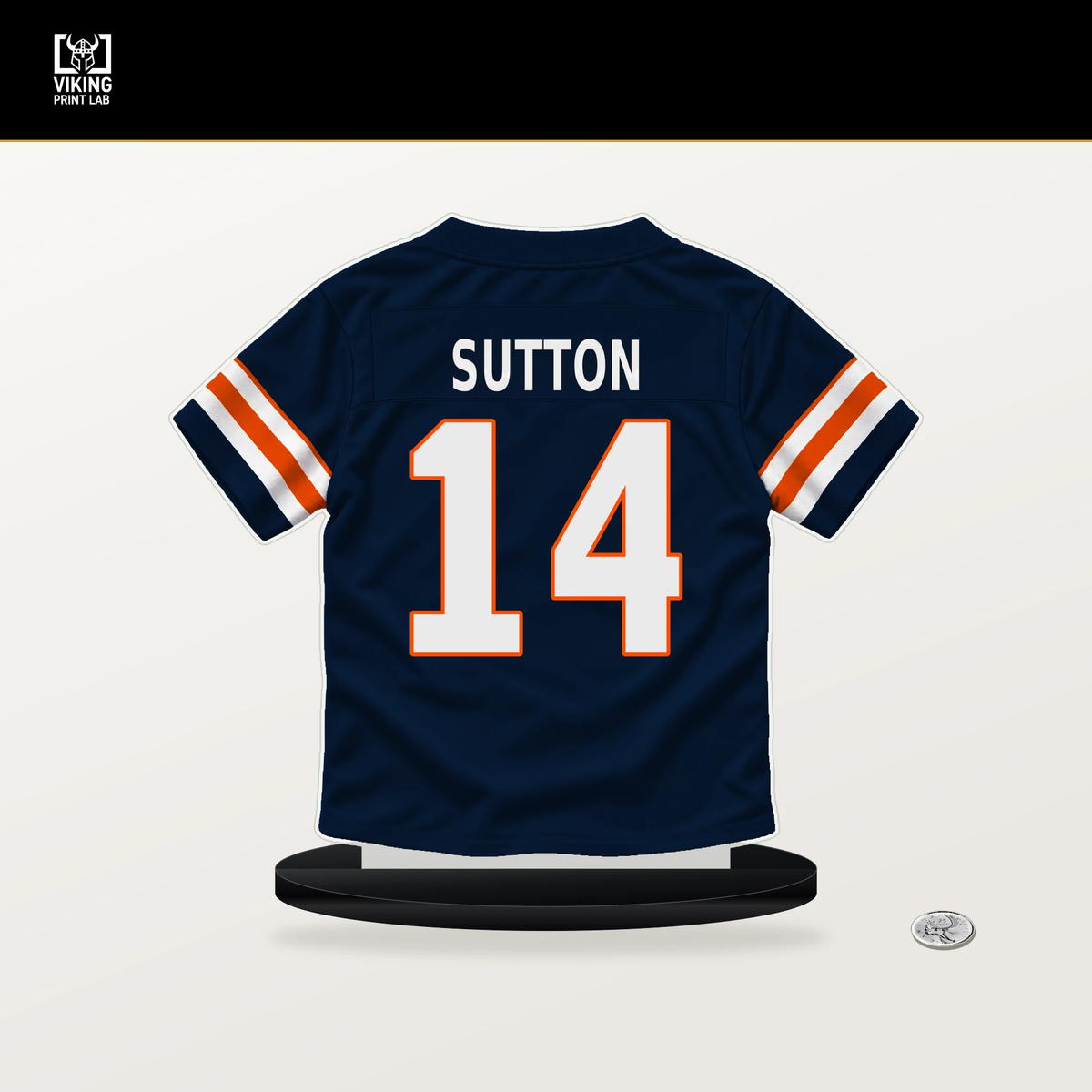 Courtland Sutton number 14 Denver Broncos jersey stand with included black base.