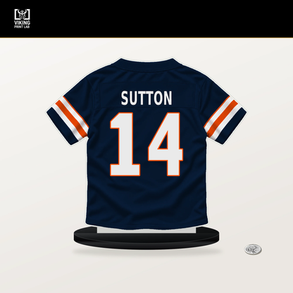 Courtland Sutton number 14 Denver Broncos jersey stand with included black base.