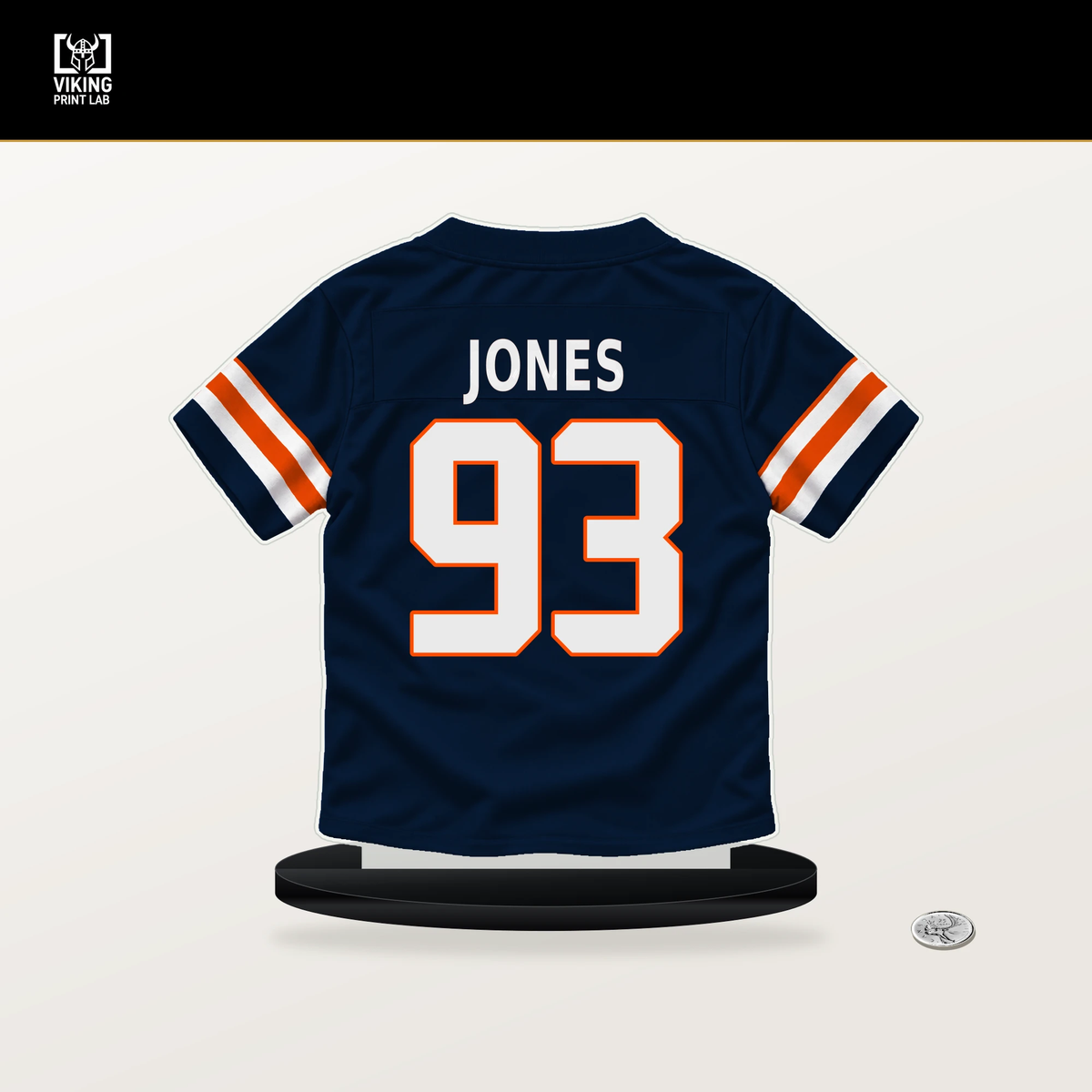 D.J. Jones number 93 Denver Broncos jersey stand with included black base.