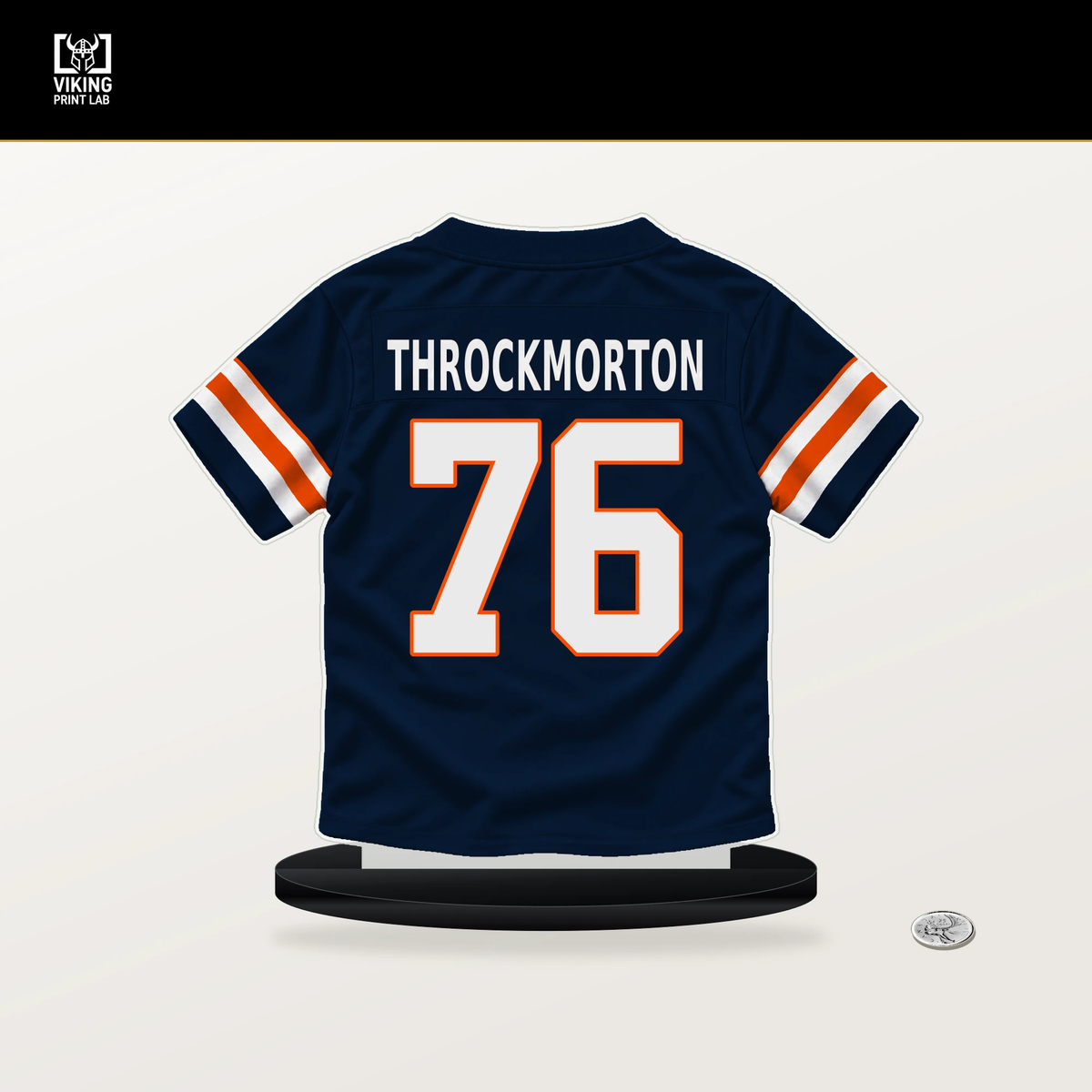 Calvin Throckmorton number 76 Denver Broncos jersey stand with included black base.