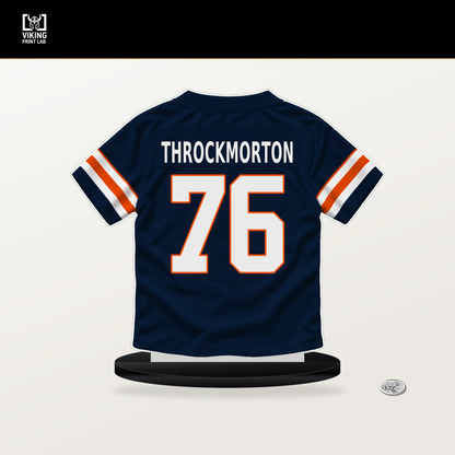 Calvin Throckmorton number 76 Denver Broncos jersey stand with included black base.