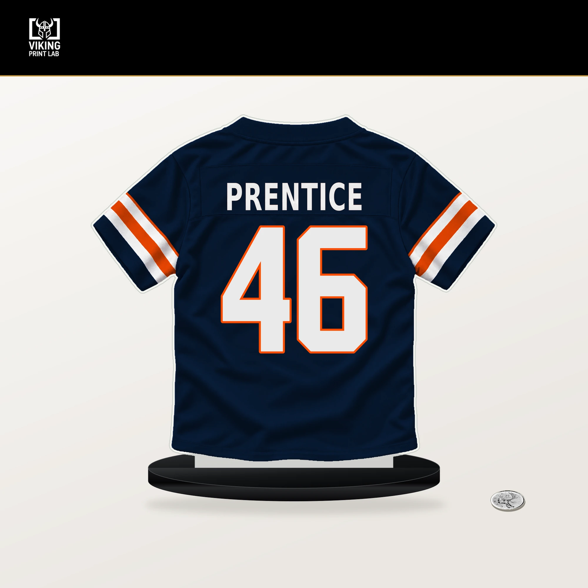 Adam Prentice number 46 Denver Broncos jersey stand with included black base.