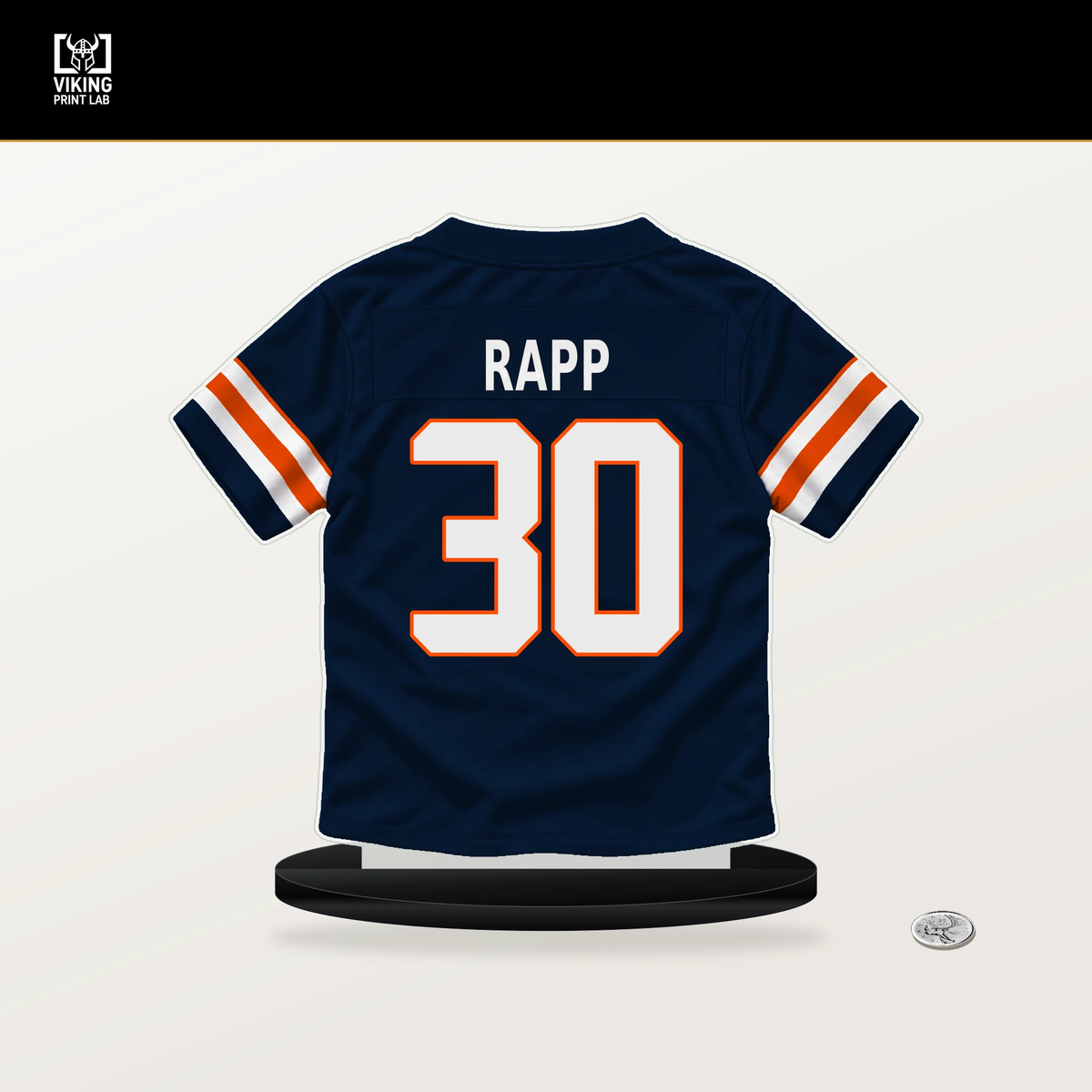 Taylor Rapp number 30 Denver Broncos jersey stand with included black base.