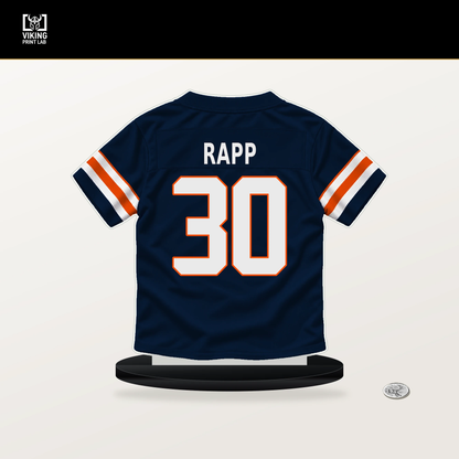 Taylor Rapp number 30 Denver Broncos jersey stand with included black base.