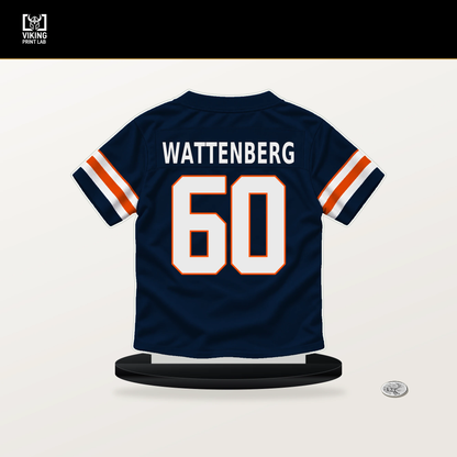 Luke Wattenberg number 60 Denver Broncos jersey stand with included black base.