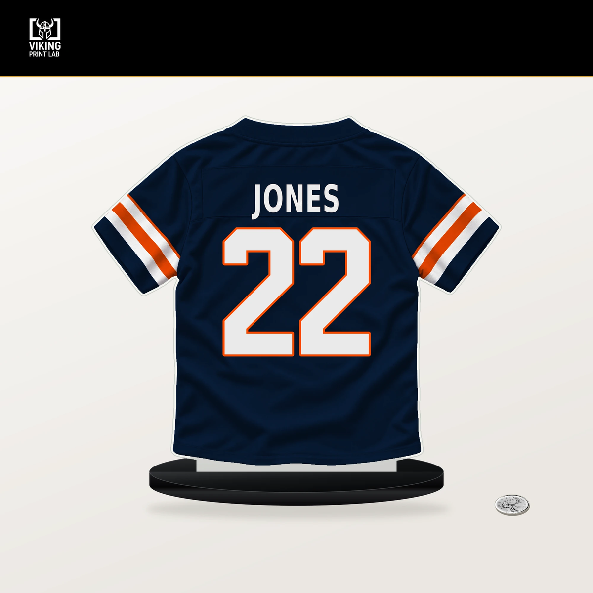 Brandon Jones number 22 Denver Broncos jersey stand with included black base.