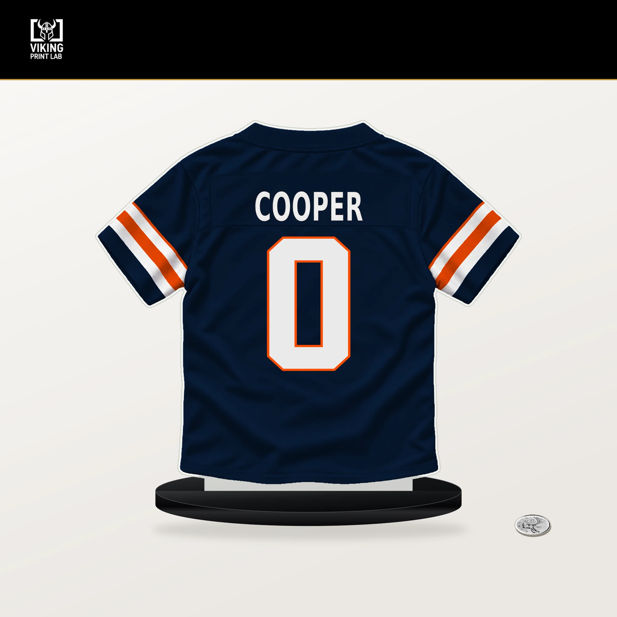 Jonathon Cooper number 0 Denver Broncos jersey stand with included black base.