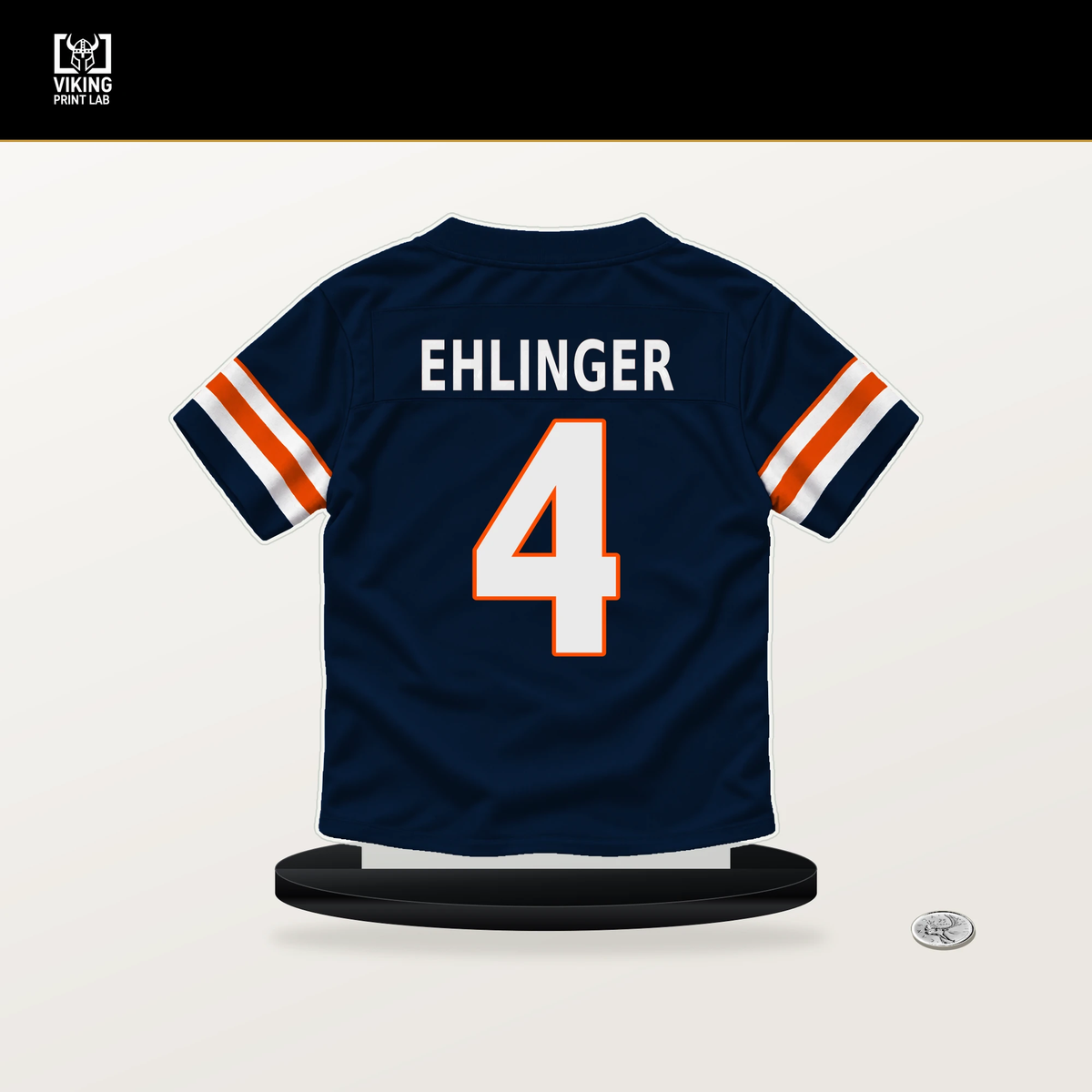 Sam Ehlinger number 4 Denver Broncos jersey stand with included black base.