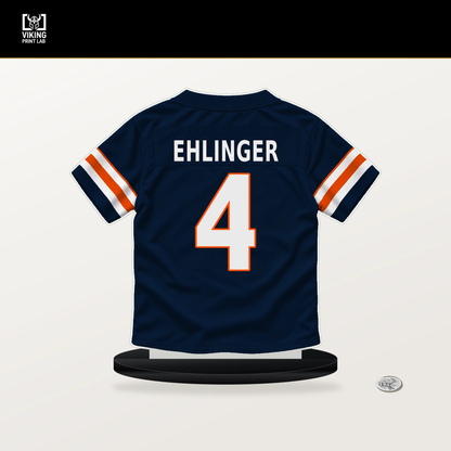 Sam Ehlinger number 4 Denver Broncos jersey stand with included black base.