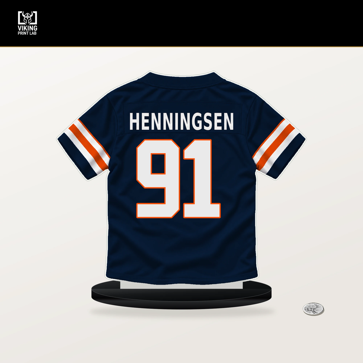 Matt Henningsen number 91 Denver Broncos jersey stand with included black base.