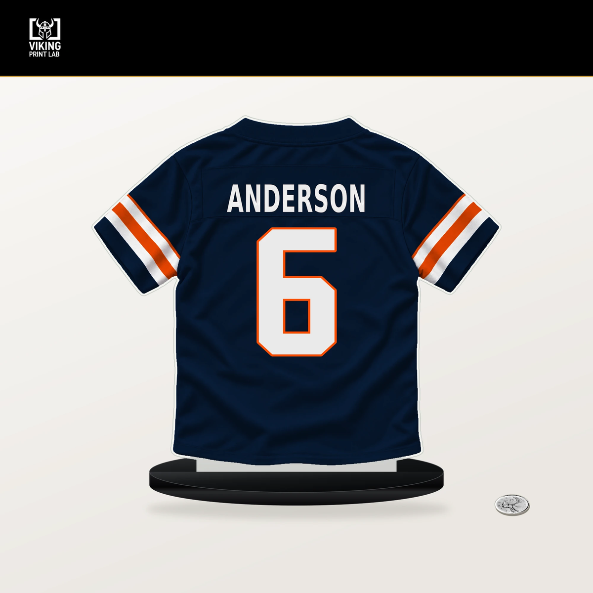 Tycen Anderson number 6 Denver Broncos jersey stand with included black base.