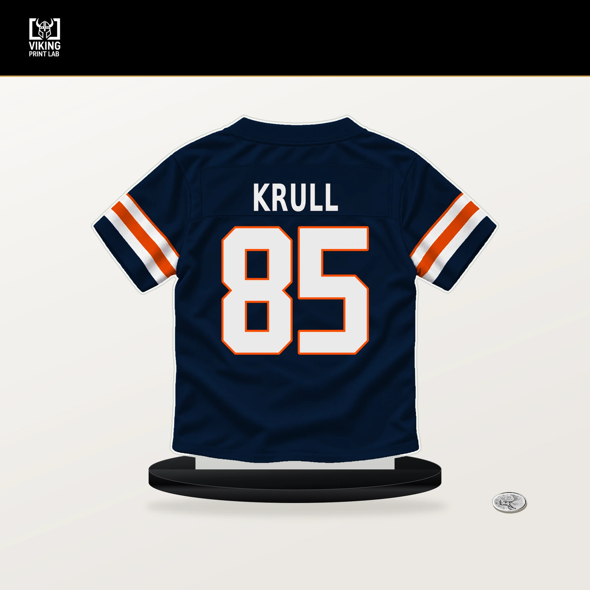Lucas Krull number 85 Denver Broncos jersey stand with included black base.